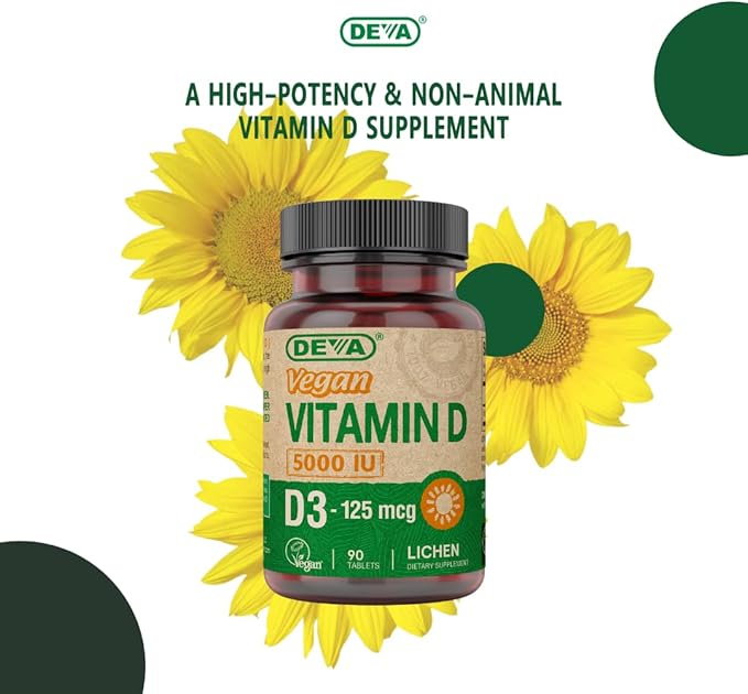 DEVA Vitamin D3 5000 IU Sunshine Supplement 125 mcg of Vegan D3 90-Count Bottle
