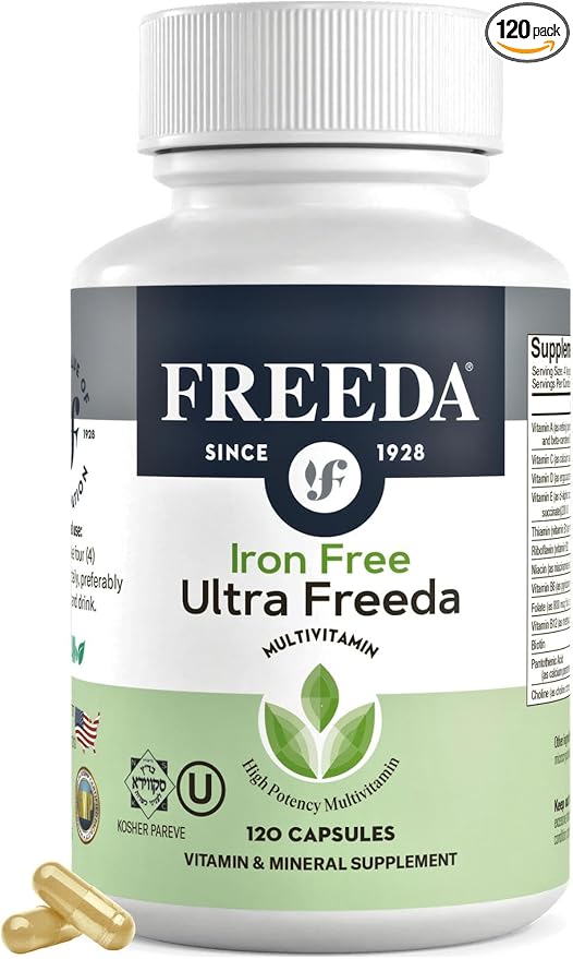 Freeda Maximum Strength Multivitamin – High Potency Daily Supplement for Active Adults (Men &amp Women) – Iron Free – SCD Diet Compatible – 120 Capsules – Ultra-Freeda
