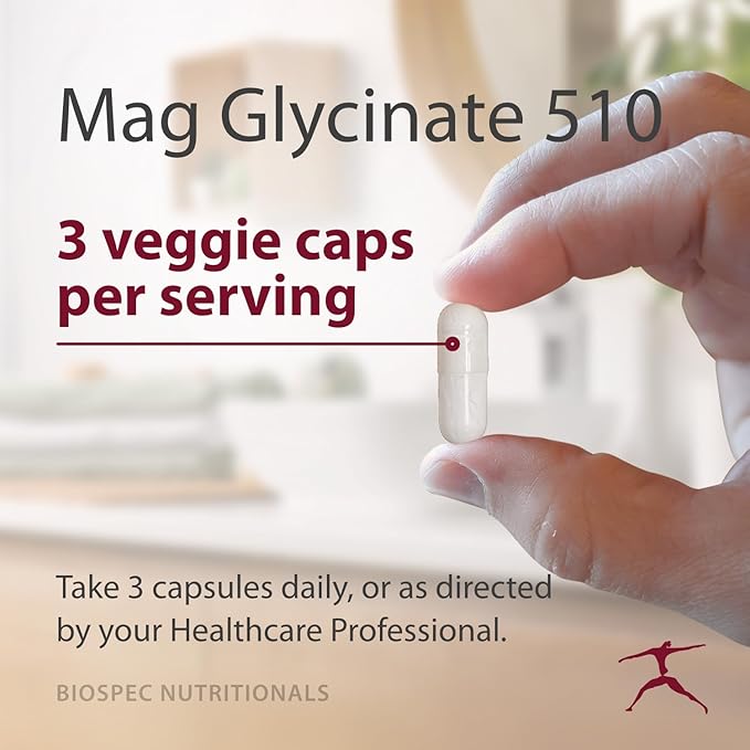 Biospec Nutritionals Mag Glycinate 510 – Magnesium Glycinate – Nutritional Supplement for Stress Heart Health Nerves Muscles Energy and Metabolism* - (100 Capsules)