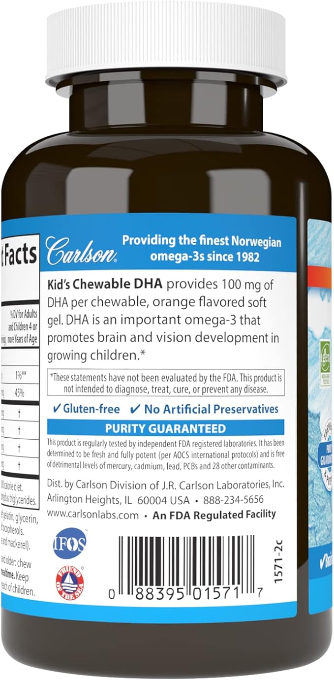 Carlson - Kid's Chewable DHA 100 mg DHA Brain Health Vision Function Growth &amp Development Orange 120 Chewable Softgels