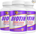 Sunshine Naturals Biotin Dietary Supplement. for Healthier Skin Thicker Hair Nail Growth. Collagen Vitamin A B for Hair Loss Beauty Cell Renewal Scalp Health. 5000 mcg. 90 Capsules. Pack of 3