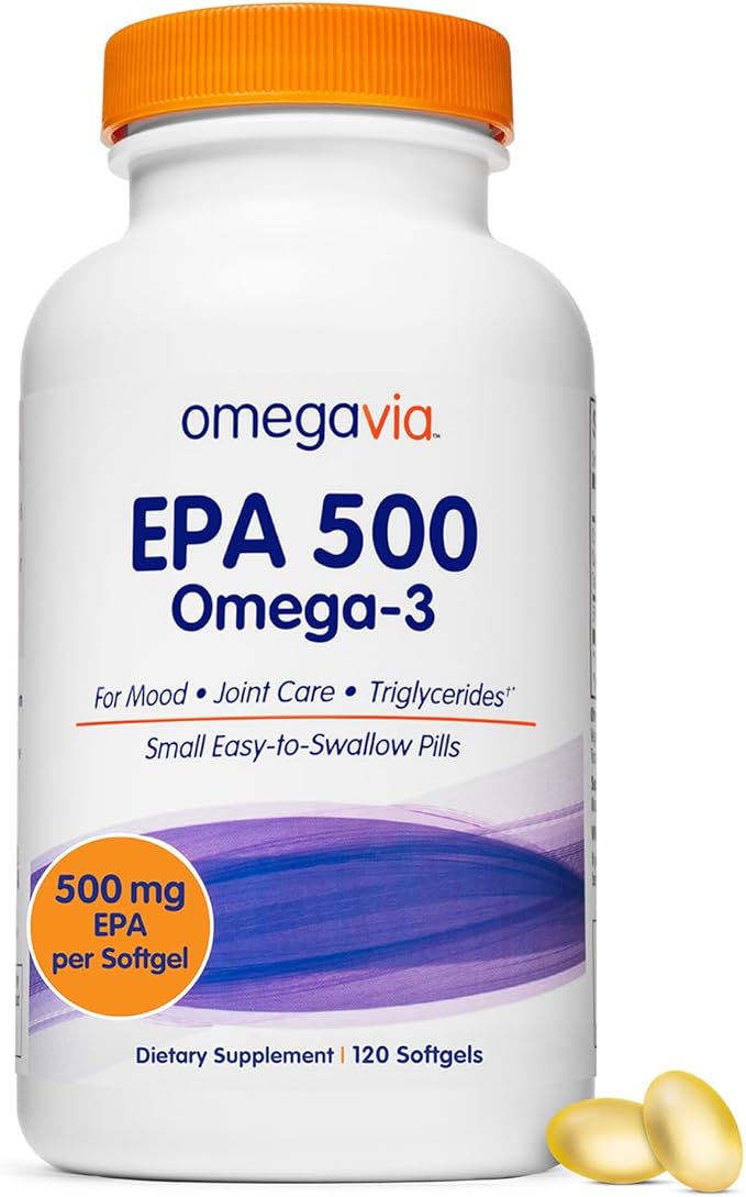 OmegaVia EPA 500 Purified Omega-3 Fish Oil Supplement 500 mg EPA in Triglyceride Form Burpless Fish Oil Non-GMO Gluten-Free IFOS 5-Star 120 Softgels