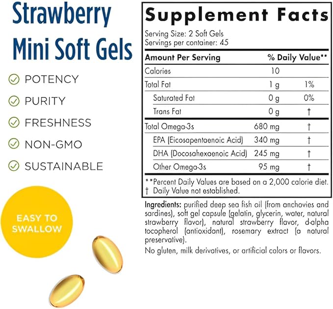 Nordic Naturals Ultimate Omega Jr. Strawberry - 90 Mini Soft Gels - 680 Total Omega-3s with EPA &amp DHA - Brain Health Mood Learning - Non-GMO - 45 Servings