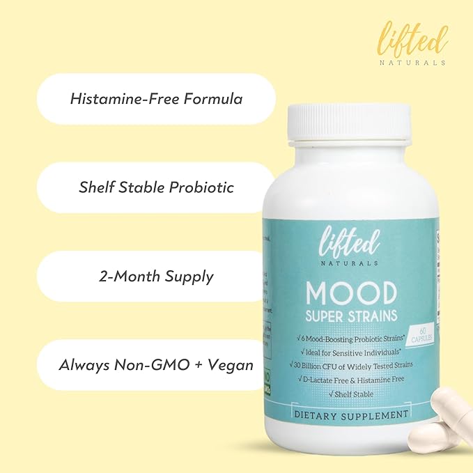 Probiotics - Mood Super Strains Probiotic - Naturally Supports Digestion &amp Mood - Histamine-Free Probiotics w/ L Rhamnosus GG Shelf Stable Probiotic Supplement 60 Day Supply Non-GMO VEGAN