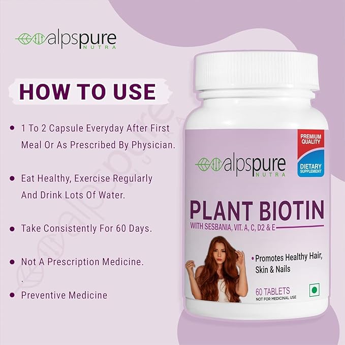 Biotin Supplements for Hair Growth Strong Hairs Glowing Skin &amp Healthy Nails | Reduce Hair Loss with Natural Biotin Source Sesbania Extract | 60 Veg. Tablets
