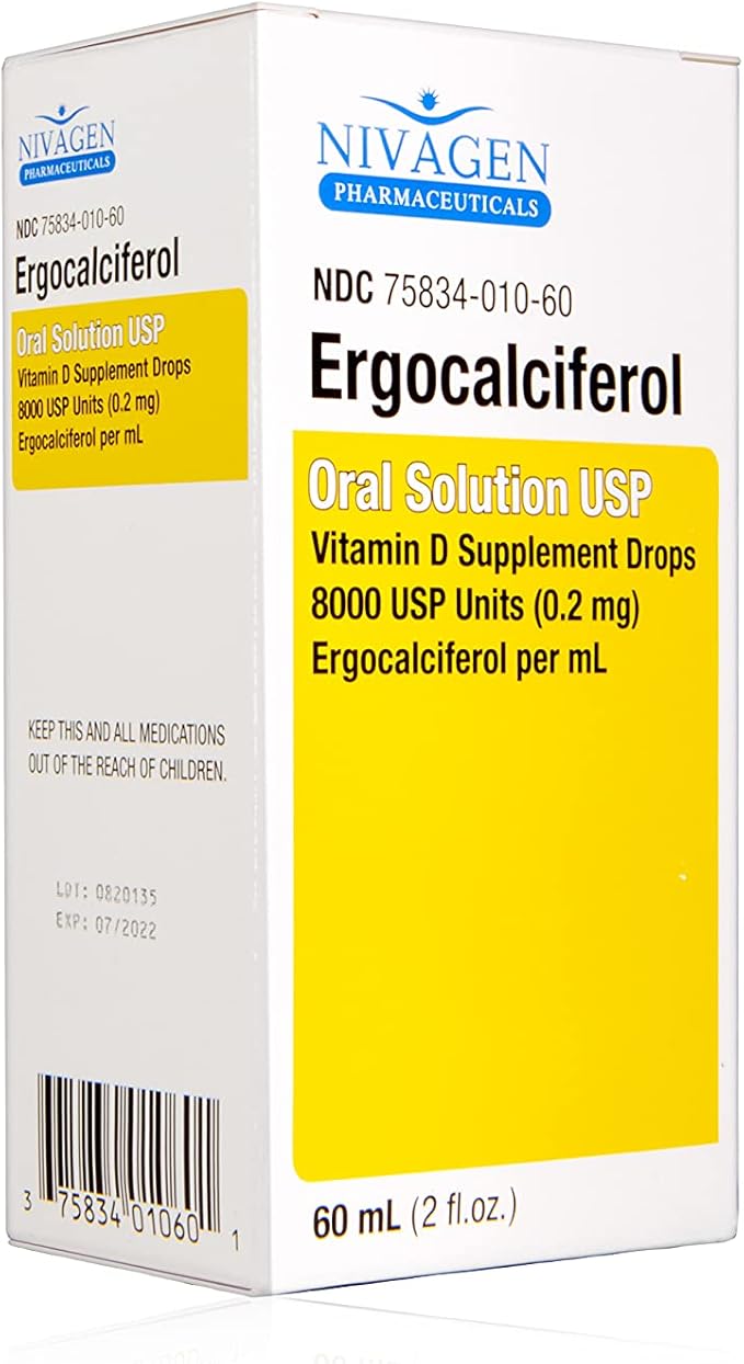 Vitamin D2 Liquid Drops (Ergocalciferol) 400 IU - 60ml (8000 USP 1200 Servings) + Vitamin D3 50000 IU Capsules (100 Count)