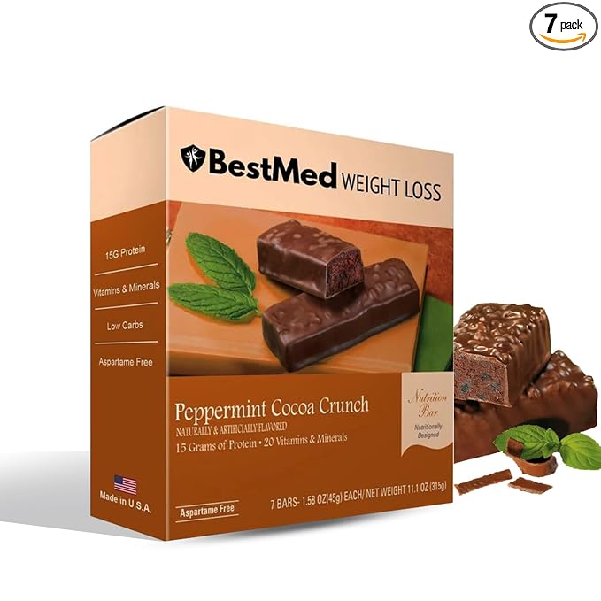 BestMed Protein Bar – 15g Protein Low Carb Low Sugar High Fiber Low Calorie Meal Replacement Nutrition Bar Healthy Snack for Weight Management Diet (Peppermint Cocoa 7 Count)