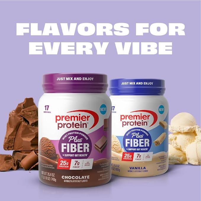 Premier Protein Powder Plus Fiber Chocolate 25g Protein 7g Fiber to Support Gut Health No Added Sugar (17 Servings)