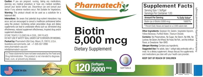 Biotin Vitamin B7 for Hair Growth Skin and Nails 10000 mcg and 5000 mcg Gluten Free Non-GMO 120 Softgels
