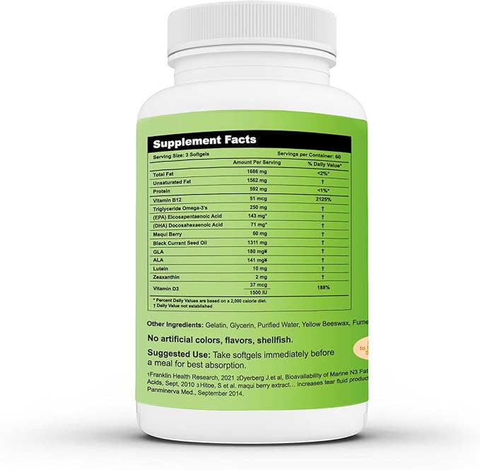 Formulated for Dry Eyes Mini-softgels of Ultra Pure Omega-3 Black Currant Oil Maqui Berry Lutein Zeaxanthin Vitamins B12 and D3 (2 Month (180 mini softgels)