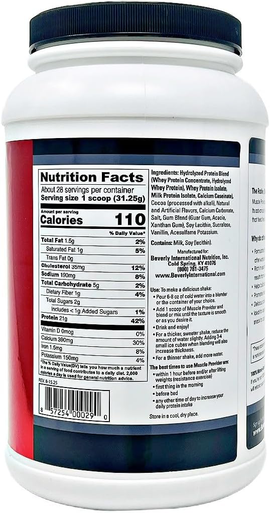 Beverly International Muscle Provider 28 Servings Chocolate. Super-Fast-Absorbing Whey Protein Powder for Recovery Lean Muscle. Fills Your Muscles not Your Stomach. Tastes Like ice Cream