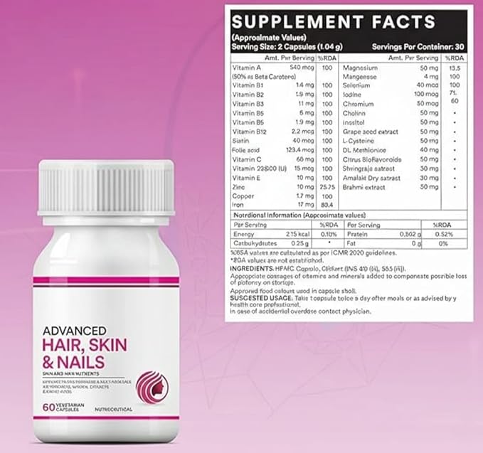 Biotin Advanced Hair Skin &amp Nails Supplement with Multivitamin Minerals Amino Acids for Hair Care - 60 Vegetarian Capsules