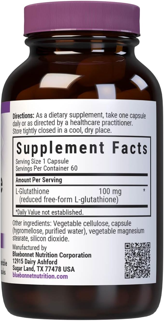 BlueBonnet L-Glutathione Supplement 100 mg Free-Form L-Glutathione for Liver Health &amp Antioxidant Support for Women &amp Men - Non-GMO Vegan Gluten-Free Kosher Soy-Free - 60 Vegetable Capsule