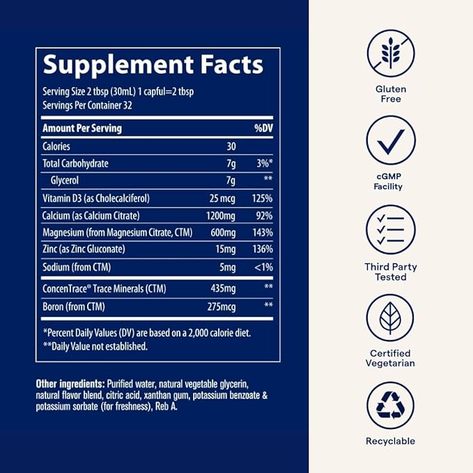 Trace Minerals Cal/Mag/Zinc - Liquid Mineral Supplement for Natural Body Health - Bone Muscle &amp Cellular Health - Supports Immunity &amp Energy - Gluten-Free - 30Fl Oz (32 Servings) - Natural St