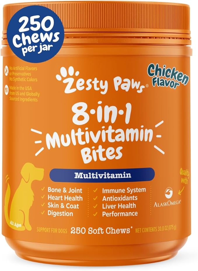 Zesty Paws Dog Multivitamin Chewable Dog Vitamins and Supplements for Hip &amp Joints Skin &amp Coat Omega 3 Fish Oil for Dogs- Senior &amp Puppy Multivitamin - Chicken- 250ct