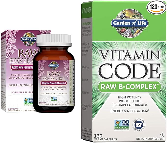Garden of Life Heart Resveratrol Supplement - Raw Whole Food Antioxidant Formula for Heart Health &amp Vitamin B Complex - Vitamin Code Raw B Complex - 120 Vegan Capsules