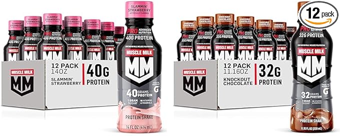 Muscle Milk Pro Series Protein Shake Slammin' Strawberry 40g Protein 14 Fl Oz 12 Pack &amp Pro Advanced Nutrition Protein Shake Knockout Chocolate 11.16 Fl Oz (Pack of 12)