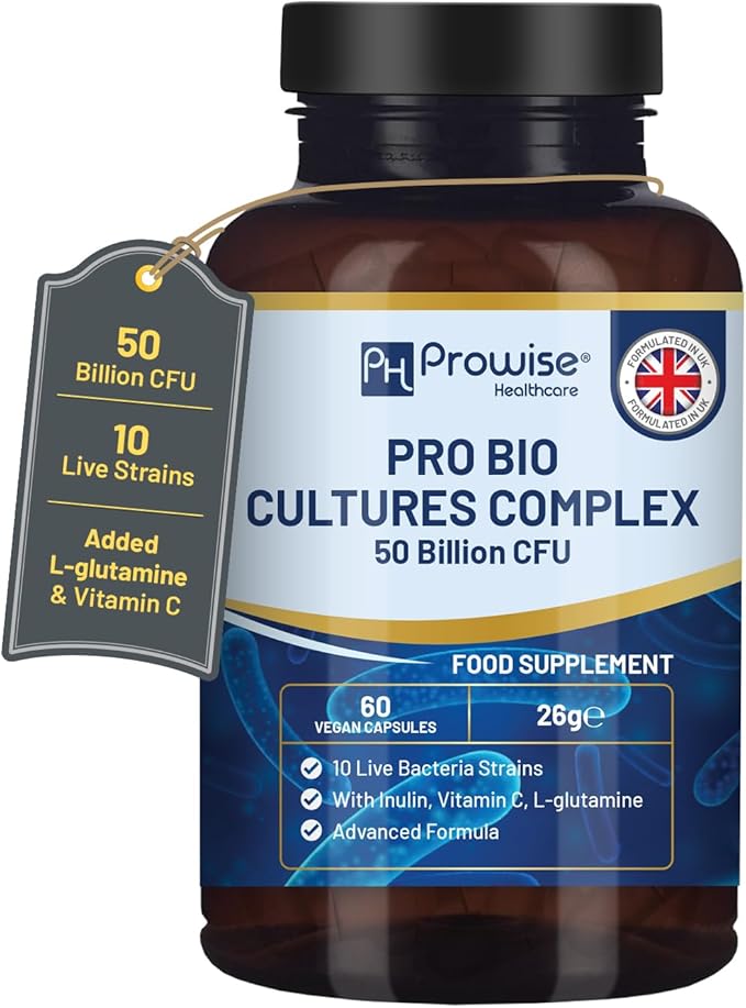 Bio Cultures Complex Probiotics and Prebiotics - 50 Billion CFU - 10 Live Bacteria Strains – Added with Inulin L-Glutamine &amp Vitamin C - 60 Capsules | Advanced Probiotic for Women &amp Men by Pr