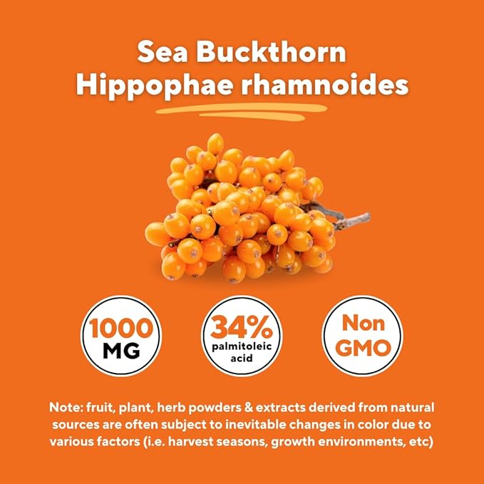Omega 7 Sea Buckthorn Berry Oil 1000mg for Hair Skin Nails Heart Health Support - 34% Palmitoleic Acid &amp Natural Omega 3 6 9 Fatty Acids Supplement - 120 Capsules Non-GMO Gluten-Free