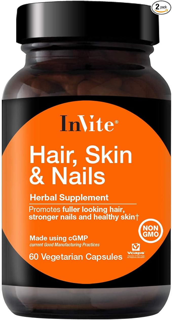 InVite Health Hair Skin &amp Nails Supplement -Supports Health and Growth of Hair Skin and Nails-Contains Vitamin C Biotin Zinc MSM Silica Lysine Proline Oatgrass- 60 Vegetarian Capsules(2-P