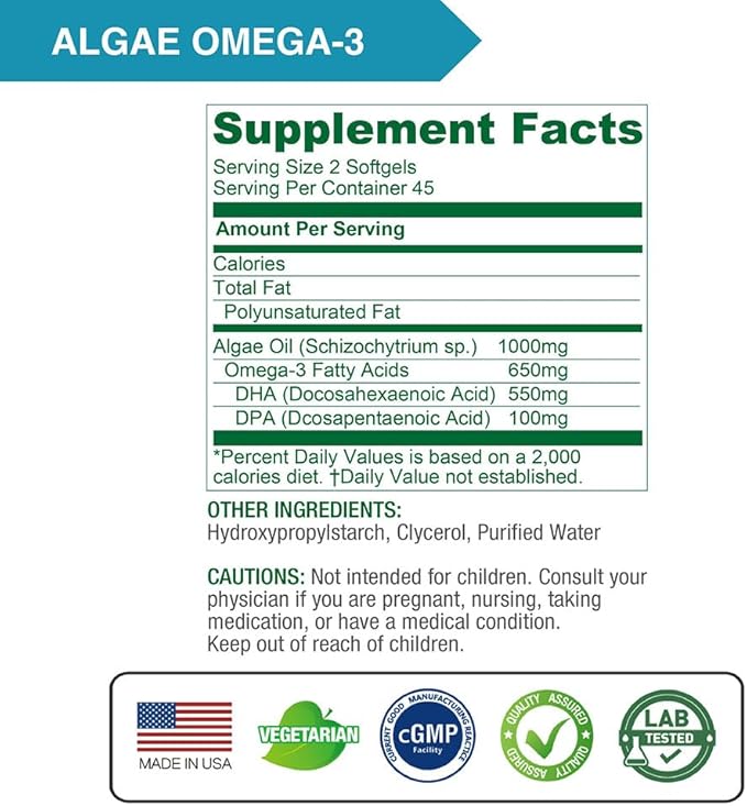 Lovita Algae Omega-3 Vegan and Plant-Based DHA &amp DPA Fish Oil Alternative 1000mg Algae Oil Support Heart and Brain Health Carrageen-Free 90 Softgels (Pack of 3)