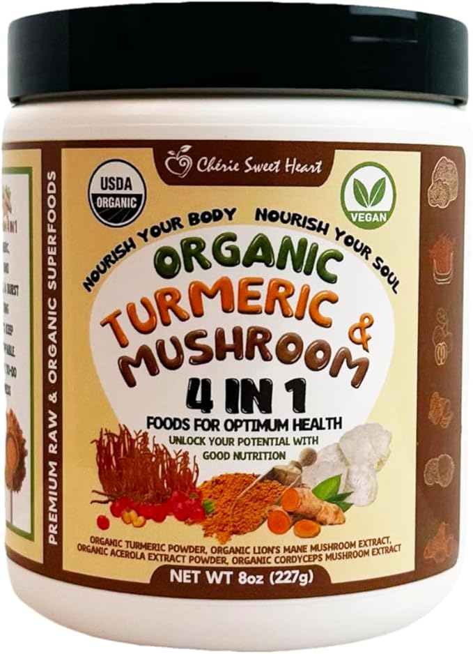 Cherie Sweet Heart Turmeric &amp Mushroom 4-in-1 | All-Natural Plant-Based Powdered Drink Mix | Immunity &amp Wellbeing | Organic Non-GMO Vegan Gluten-Free | No Sugar Added | 8 oz Jar