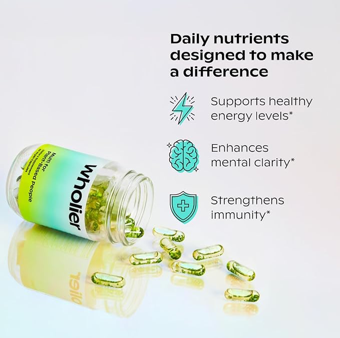 wholier Plant Based Multivitamin Vegan Omega-3 DHA EPA Vitamin D B12 Zinc Vitamin K2 Iron Iodine Selenium. 60 Count (30-Day Supply) Glass Bottle