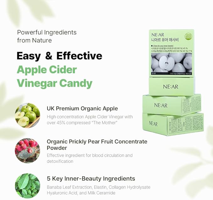 NE:AR Daily Balance ACV Chews – 1530mg Apple Cider Vinegar – 10 Synergistic Ingredients &amp 10% Total Acidity – Candy-Like K-Chewables for Daily Digestive &amp Beauty Support – Green Apple Flavor