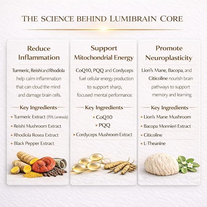 LumiBrain™ CORE Brain Supplement for Memory and Focus Caffeine-Free Nootropic for Brain Energy 90 Capsules