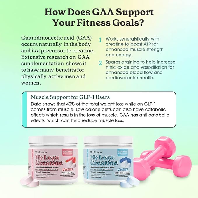 Fit &amp Lean Creatine for Women My Lean Creatine Chewable Tablets Creatine Monohydrate with GAA Muscle Performance Cognitive Function No Bloating Reduced Water Retention Blue Raspberry 30 Se