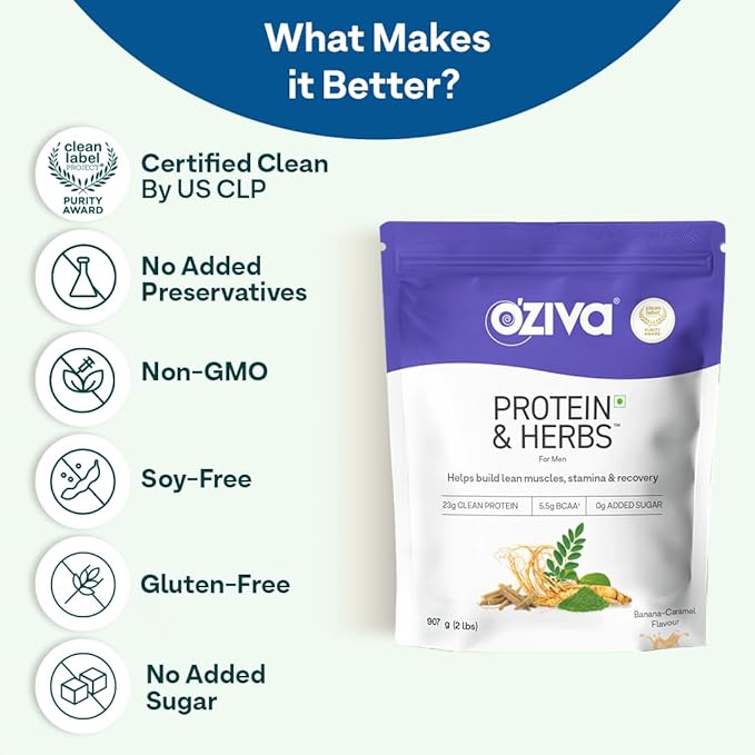 OZIVA Protein &amp Herbs for Men Banana Caramel Protein Powder for Men for Muscle Building Recovery and Better Stamina (with 23G Whey Protein + 15 Multivitamin for Men) Certified Clean 1Kg