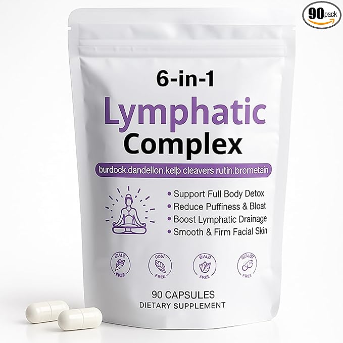 6 in 1 Lymphatic Complex Capsules – Lymphatic drainage with Burdock Dandelion Kelp Cleavers for Reduce Bloat Balance Cortisol Full Body Detox &amp Skin Vitality | Vegan · Non-GMO 90 Capsules (1)