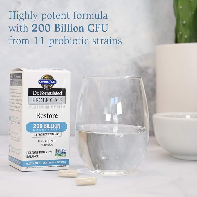 Garden of Life Dr. Formulated Probiotics Platinum Series Restore 200 Billion CFU Guaranteed High Potency Probiotic Formula Vegan Non-GMO Gluten Dairy Free Digestive Immune Support 28 Capsules