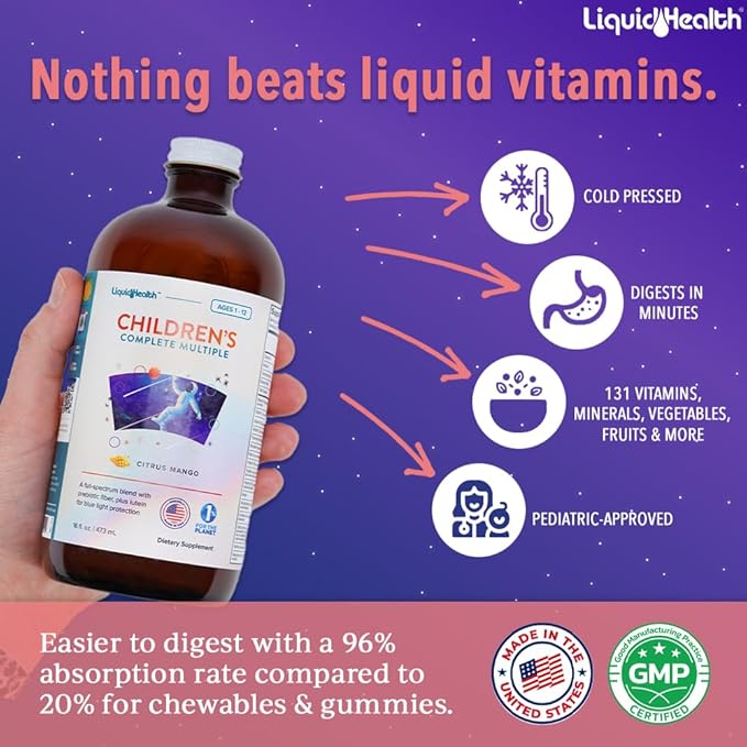 LIQUIDHEALTH Children's Complete Liquid Multivitamin for Kids Toddlers - Essential Vitamins Nutrients &amp Minerals Immune Support Gut Health - Made in USA Vegan Non GMO Sugar-Free (16 oz)