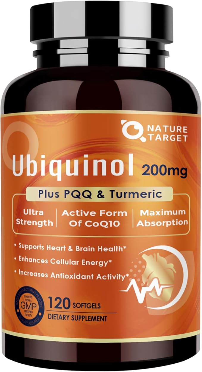 NATURE TARGET Ubiquinol CoQ10 200mg softgels with PQQ &amp Turmeric High Absorption Coenzyme Q10 Supplement with ALA &amp Black Pepper Antioxidant for Heart &amp Brain Health Energy Production