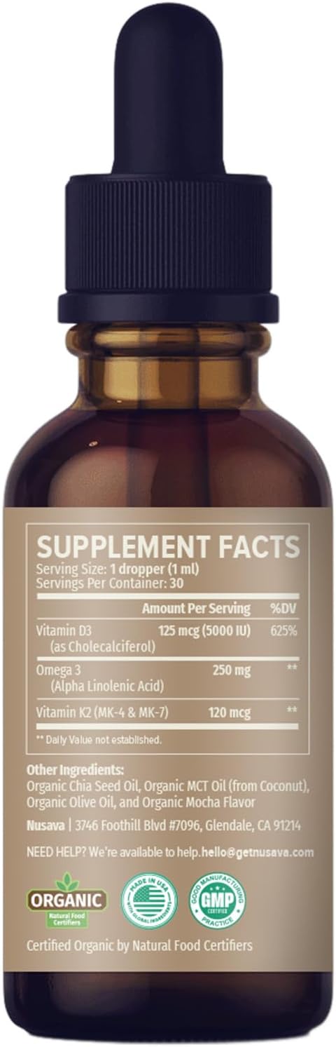 NUSAVA (2 Pack) Organic Vitamin D3 K2 Drops with MCT Oil Omega 3 5000 IU Maximum Strength Vitamin D Liquid No Fillers Non-GMO Liquid D3 for Faster Absorption and Immune Support (Mocha 2 Fl Oz)