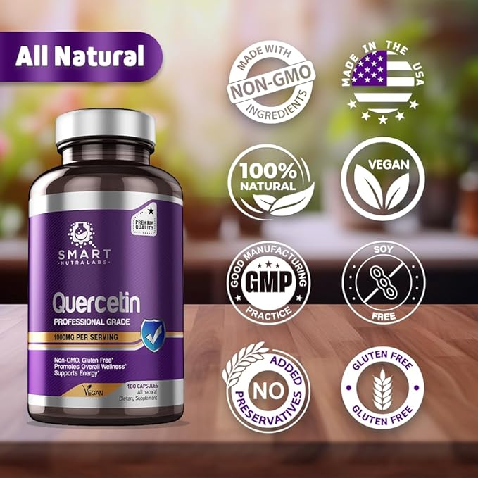 Smart Nutra Labs Quercetin 1000mg- 180 Vegan Capsules 100% Pure Quercetin Supplement- Non-GMO Gluten Free Third Party Tested