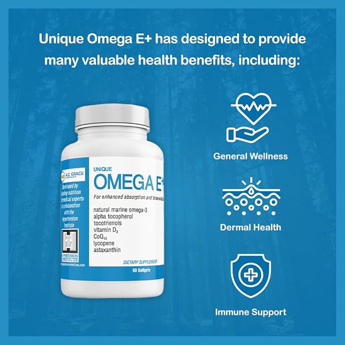 UNIQUE E A.C. Grace Company Omega E+ - Fish Oil Supplement - with Marine Omega-3 Fatty Acids Vitamin E Vitamin D3 and CoQ10 - Helps Support Heart Brain and Skin Health - 60 Softgels