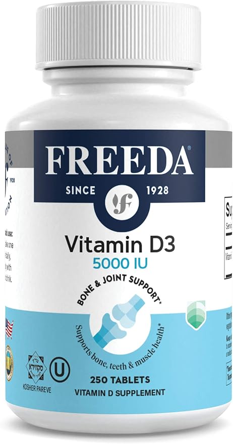 FREEDA Vitamin D3-5000 IU - Pure High Potency Kosher Supplement Tablets - Bone and Muscle Health Calcium Absorption Immune Support for Men and Women* - 250 Count