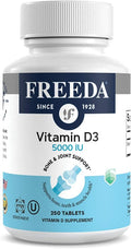 FREEDA Vitamin D3-5000 IU - Pure High Potency Kosher Supplement Tablets - Bone and Muscle Health Calcium Absorption Immune Support for Men and Women* - 250 Count
