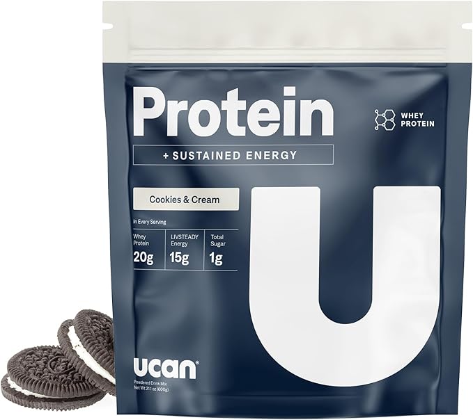 UCAN Energy + Whey Protein Powder - 19g Per Serving with Amino Acids EAAs &amp BCCAs - Keto No Added Sugar Gluten-Free - Cookies &amp Cream - 12 Servings