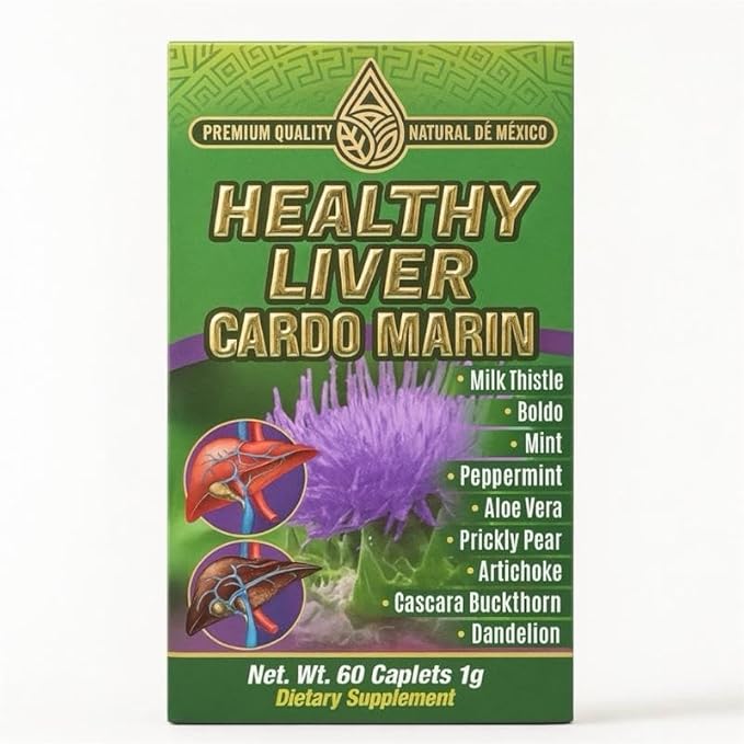 Healthy Liver | Hígado Sano y Saludable – Cardo Marín | Natural Supplement with Milk Thistle Boldo Aloe Vera Nopal &amp Artichoke | Supports Liver Detox &amp Digestive Health | 60 Capletas 1g