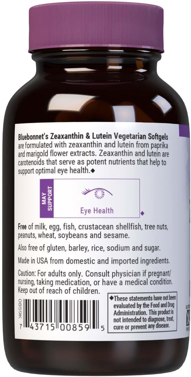 Bluebonnet Nutrition Zeaxanthin &amp Lutein Eye Health* Gluten-Free Dairy-Free 60 Vegetarian Softgels 60 Servings