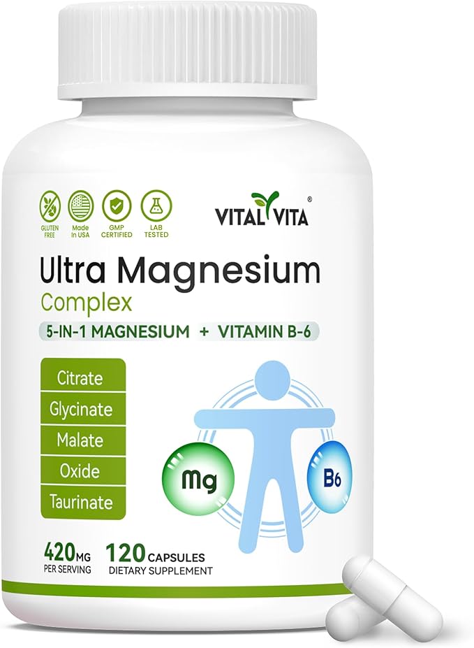 (420mg) Ultra Magnesium Complex 5-in-1 Magnesium Plus Vitamin B-6 Supplement for Nerve Heart Muscle Health &amp Relaxation* Maximum Bioavailability &amp Absorption Gluten Free 120 Capsules