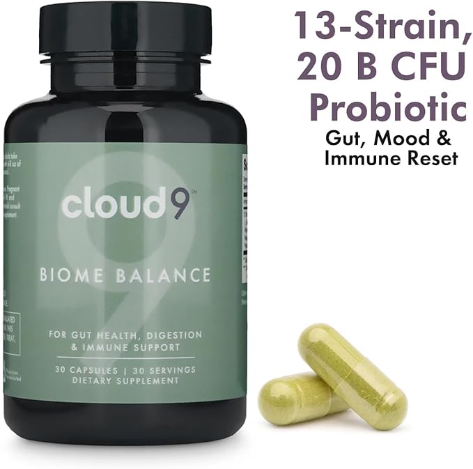 Cloud9 Biome Balance – 13-Strain Probiotic for Gut Mood &amp Immune Support – 20 Billion CFU – Vegan Dairy-Free Shelf-Stable – Made in USA- 30 Capsules