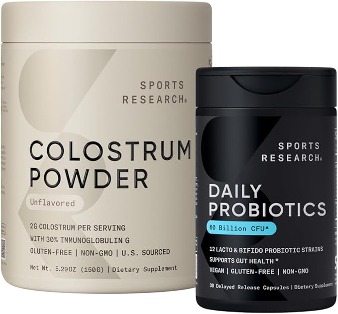 Sports Research® Gut Health Pack - Daily Probiotics w/Lacto &amp Bifido Probiotic Strains (60 Billion CFU) and U.S. Sourced Bovine Colostrum Powder w/IgG Antibodies for Gut Health &amp Digestive Sup