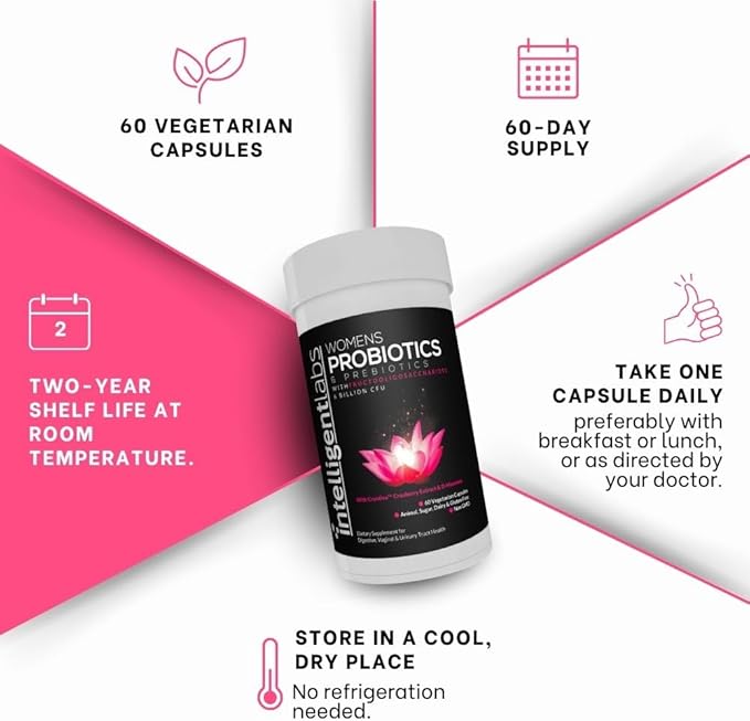 Intelligent Labs Women's Probiotics Formula with Cranberry Extract D-Mannose and Prebiotics All in one 6 Billion CFU Probiotic One Capsule a Day 60-Day Supply Third-Party Verified for Purity