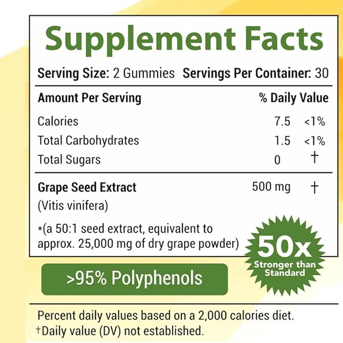 Grape Seed Extract Gummies | Grape Seed Oil 25000 mg 50x Original | &gt95% Polyphenols | #1 Grape Seed Gummies in USA | Sugar Free Vegan | Grape Flavor 60 ct