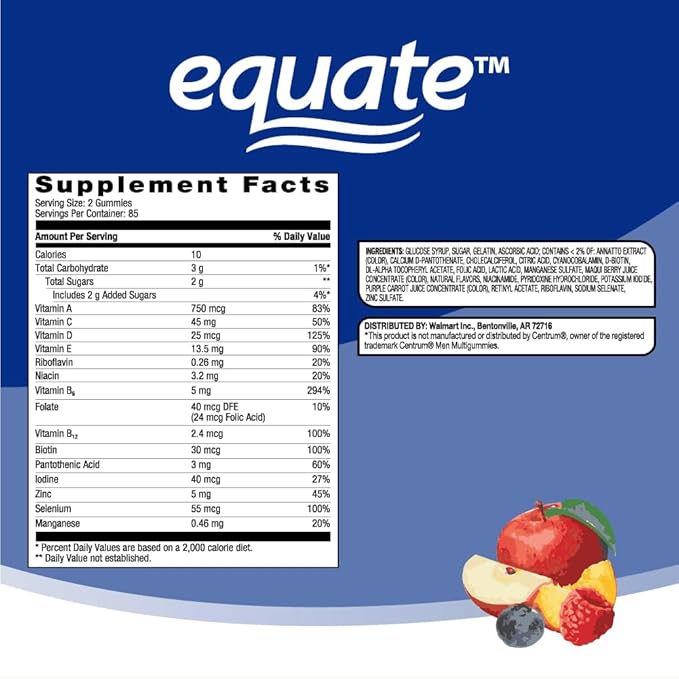 Equate Men's Multivitamin Gummies Daily Multivitamin for Adult Men Mixed Berry &amp Fruit Flavor 170 Count Sticker