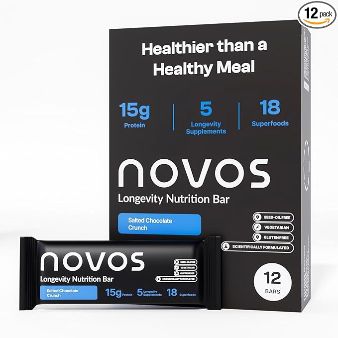 Novos Longevity Protein Bar | 15g Protein 20 Superfoods 5 Longevity Ingredients for Men &amp Women | Supports Skin Mind &amp Mood | Salted Chocolate Crunch (12-Pack)